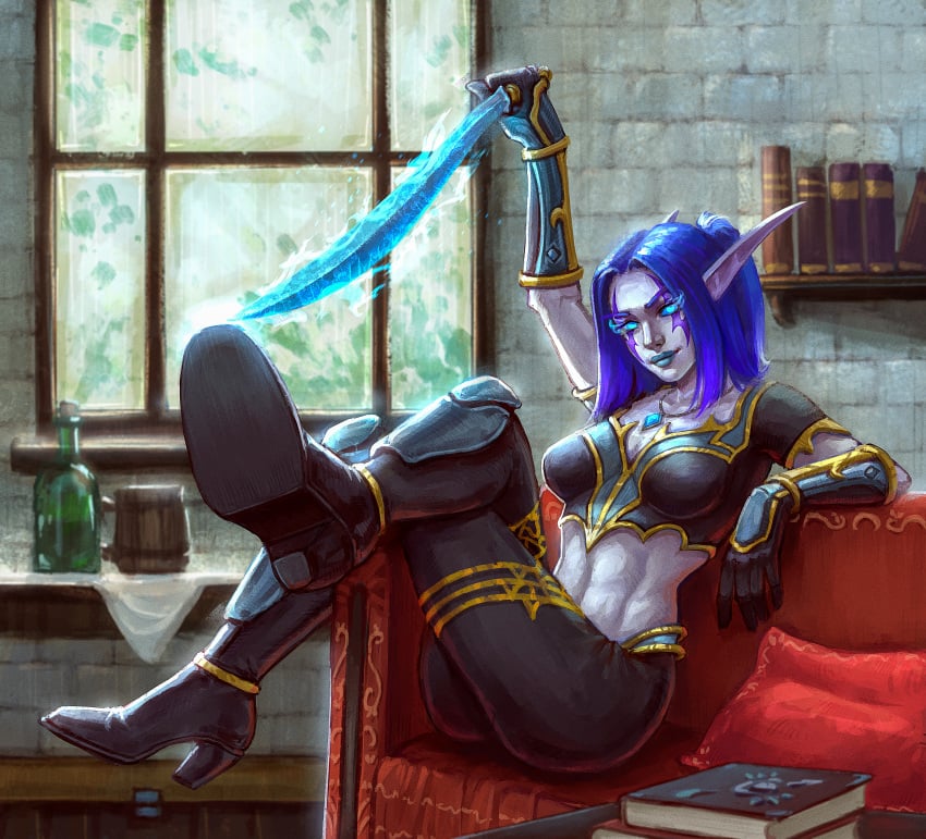 2024 2d absurd_res blue_eyes blue_hair boots death_knight death_knight_(warcraft) elf elf_ears female foot_fetish foot_focus glowing_eyes melwinne mothka necklace night_elf night_elf_death_knight pointy_ears sofa sword world_of_warcraft