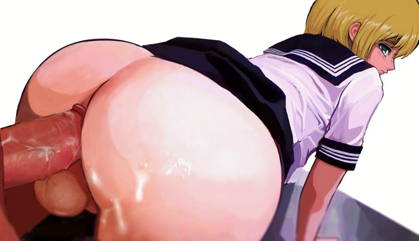 2boys all_fours anal armin_arlert ass attack_on_titan blonde_hair blue_eyes blush c3_piyo crossdressing cum cum_on_ass doggy_style femboy gay girly highres multiple_boys no_panties penis school_uniform serafuku sex short_hair skirt solo_focus testicles trap uncensored yaoi