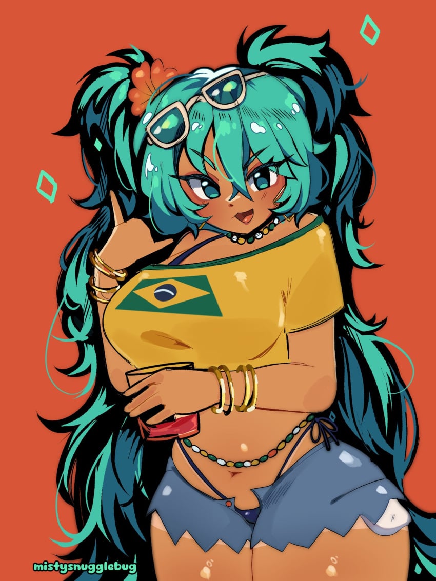 1girls :3d beer belly belly_button big_breasts brazil brazilian brazilian_female brazilian_flag brazilian_miku breasts cleavage clothed clothing female female_only hatsune_miku mistysnugglebug tan_body tan_lines tan_skin tanline tanlines vocaloid