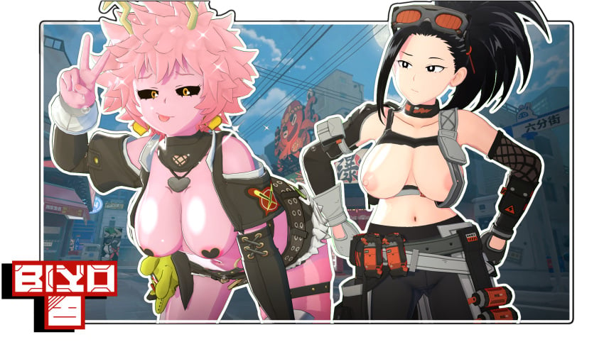 2girls 3d 3d_(artwork) biyo black_hair breasts breasts_out cosplay grace_howard mina_ashido momo_yaoyorozu my_hero_academia nah nicole_demara zenless_zone_zero