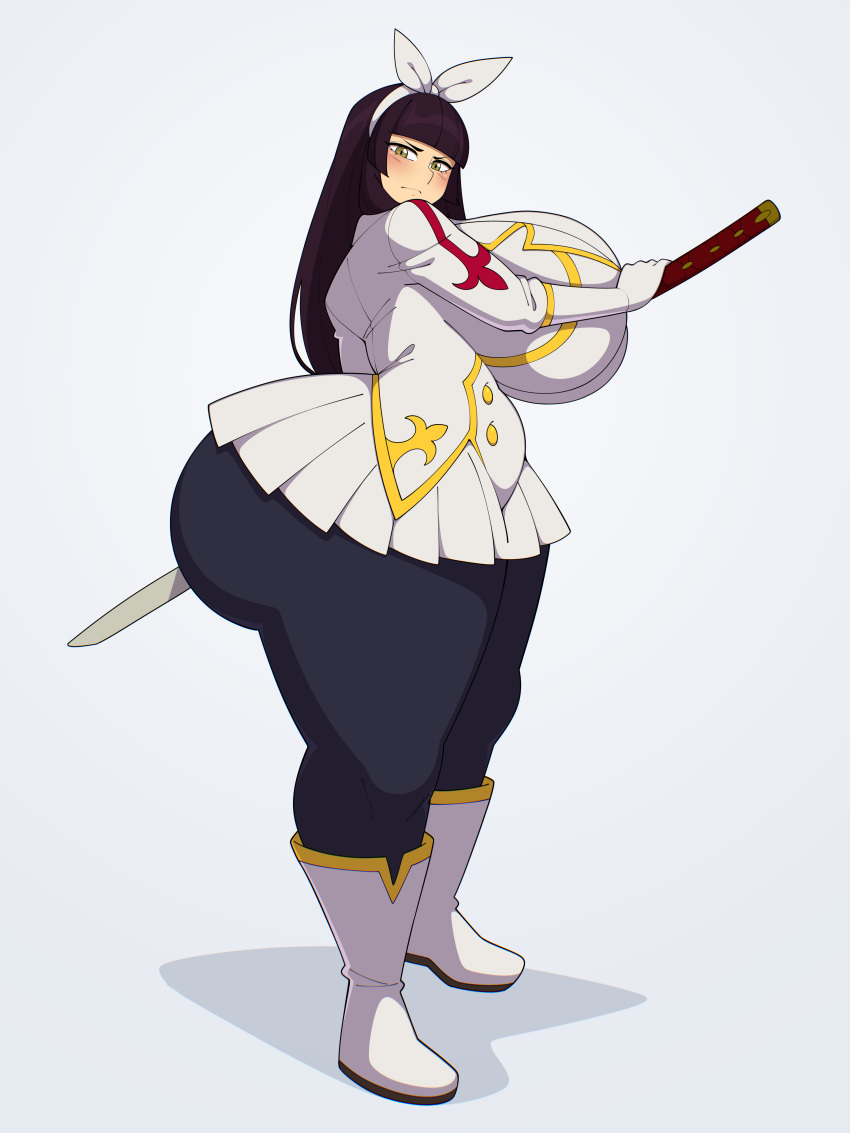 1girls deztyle fairy_tail fully_clothed hair_ribbon huge_ass huge_breasts kagura_mikazuchi katana leggings looking_at_viewer purple_hair thick_thighs voluptuous_female wide_hips