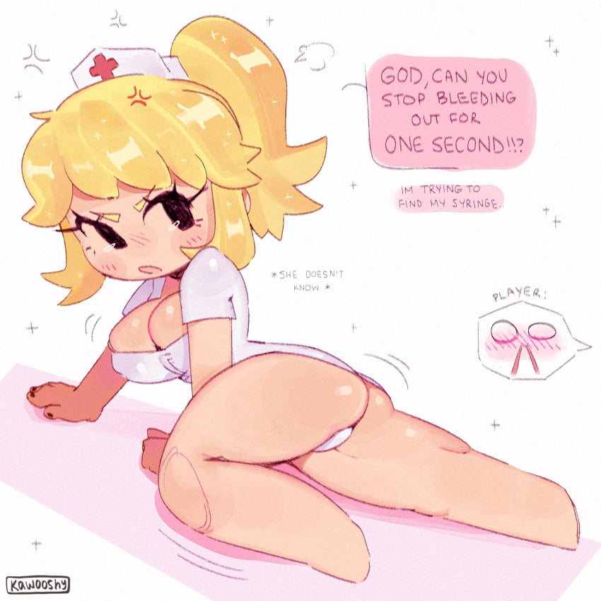 2024 ass big_breasts blonde_female blonde_hair bloody bloody_nose blush blush_lines blushing_profusely breasts chibi_style dress_up female female_only kawooshy large_breasts looking_back looking_back_at_another nurse nurse_(terraria) nurse_cap nurse_clothing nurse_hat nurse_uniform panties panties_visible ponytail re-logic shiny_skin solo solo_female terraria thick_thighs thighs unaware unaware_exhibitionist