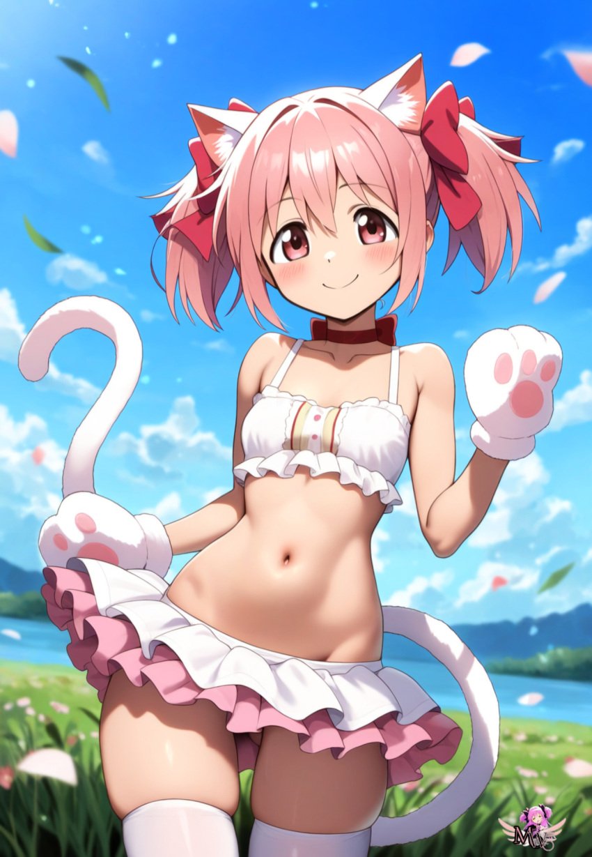 ai_generated artist_logo cat_ears cat_gloves cat_paws cat_tail catgirl female girl hair_ribbon highres madoka_kaname madoka_worship magical_girl mahou_shoujo_madoka_magica microskirt navel outdoors pink_eyes pink_hair puella_magi_madoka_magica red_ribbon ribbon ribbons tan_skin thick_thighs twintails