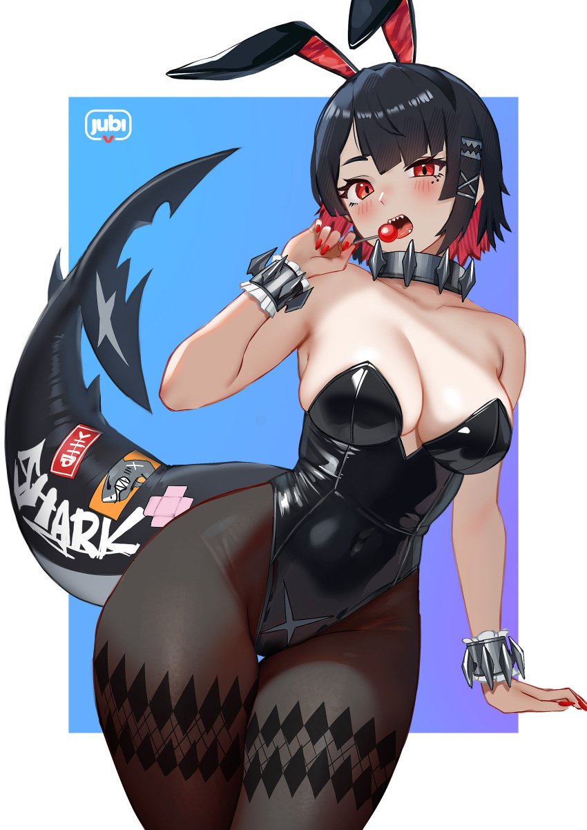 1girls absurdres alternate_costume animal_ears bare_arms bare_shoulders big_breasts black_hair black_leotard black_pantyhose blush blushing_at_viewer breasts bunny_girl bunnysuit cleavage colored_inner_hair covered_navel covered_nipples cowboy_shot cuffs curvy ellen_joe fake_animal_ears fins fish_tail hair_ornament hairclip highleg highleg_leotard highres large_breasts leotard light-skinned_female light_skin lollipop looking_at_viewer mole mole_under_eye multicolored_hair open_mouth pantyhose playboy_bunny rabbit_ears red_eyes red_nail_polish red_nails regiana_(jubi) shark_girl shark_tail shark_teeth short_hair sidelocks simple_background solo tail thick_thighs thighs two_tone_hair wide_hips wrist_cuffs zenless_zone_zero