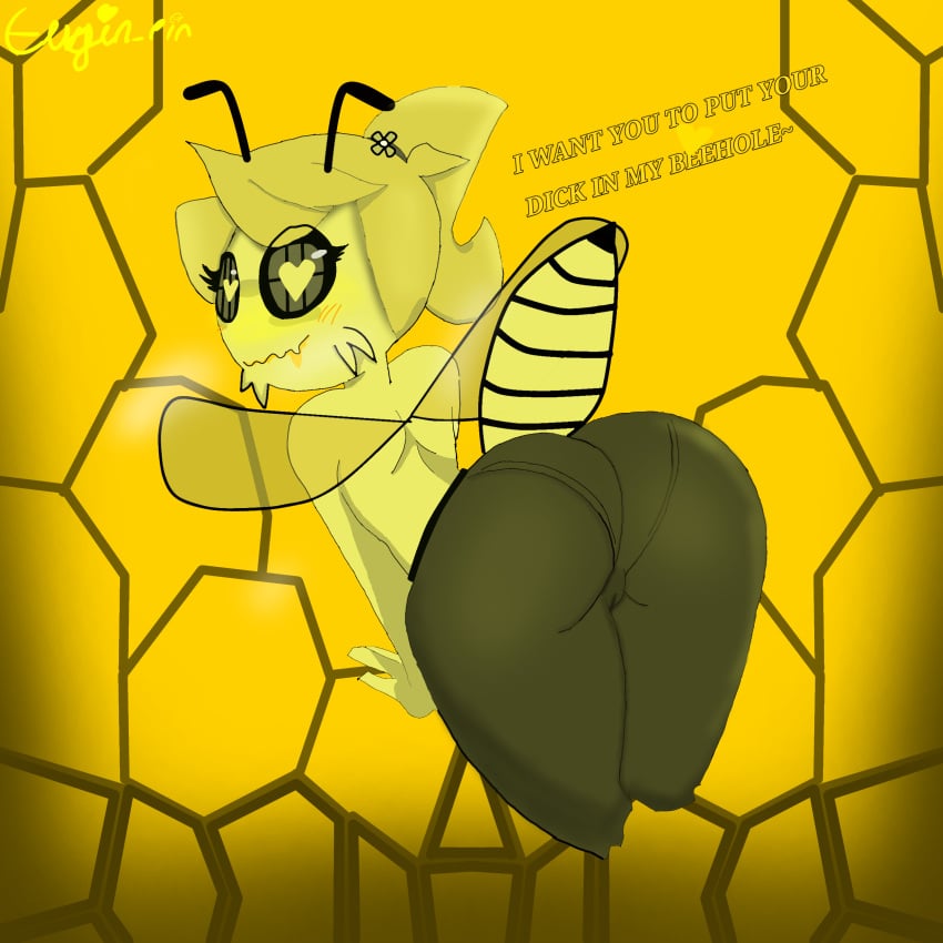 ass bee bee_girl bug bweswees_bizznip colorbox_(mustard) english_text euginpin_ female female_only heart-shaped_pupils incredibox looking_at_viewer no_bra no_shirt pants wings yellow_body yellow_hair