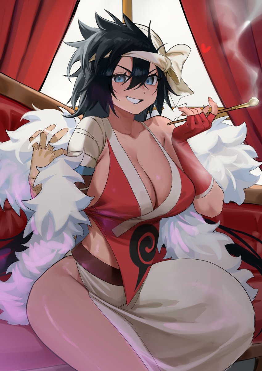 big_breasts black_hair bleach blue_eyes head_wear kukaku_shiba looking_at_viewer nia_(nia4294) smile smiling_at_viewer smoking thick_thighs thighs