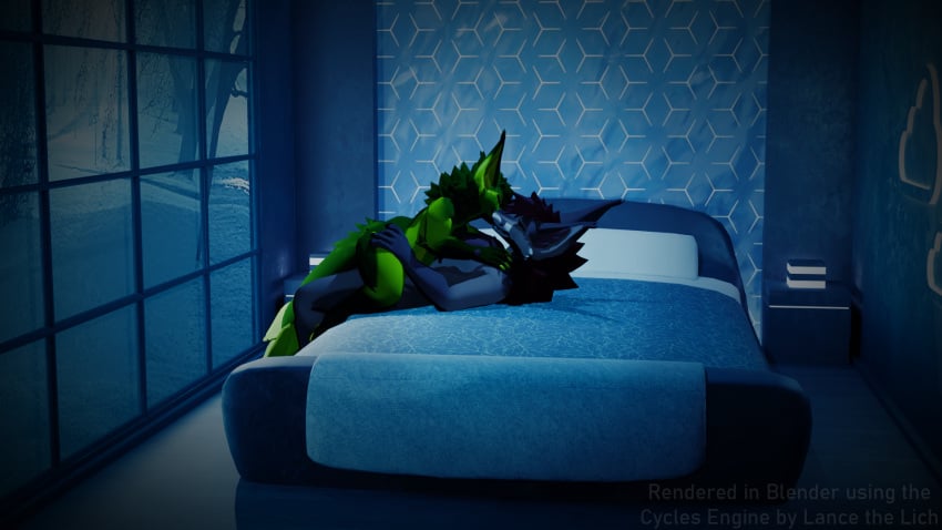 andromorph anthro bed belly big_belly blender_(artwork) blender_cycles canid canine canis comfy digital_media_(artwork) duo female fluffy fox fur furniture green_body green_fur hi_res hybrid intersex intersex/male kissing lance_barrowpaw lance_the_lich love loving_sex male male/female mammal riding rynfluff tail vulper winter wolf