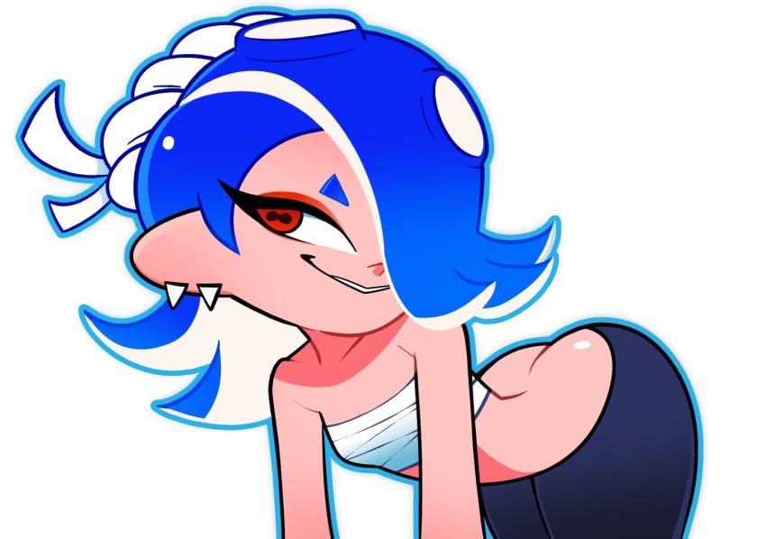 1girls ass ass_cleavage ass_up bandage bending_forward bending_over bent_over blue_hair deep_cut_(splatoon) digital_drawing_(artwork) digital_media_(artwork) leggings nintendo octoling red_eyes scottfalco_(artist) shiver_(splatoon) shiver_hohojiro splatoon splatoon_(series) splatoon_3 white_background wrappings