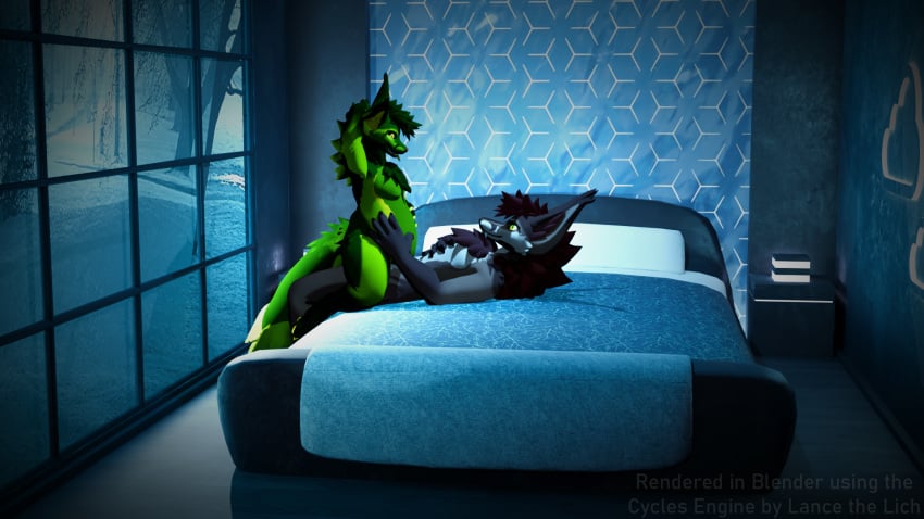 16:9 andromorph anthro bed belly big_belly blender_(artwork) blender_cycles canid canine canis comfy cuntboy digital_media_(artwork) duo fluffy fox fur furniture green_body green_fur hi_res hybrid intersex intersex/male lance_barrowpaw lance_the_lich love loving_sex male mammal riding rynfluff tail vulper widescreen winter wolf