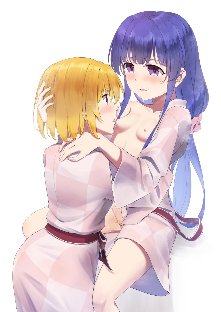 07th_expansion absurdres aged_up blonde_hair blue_hair dconan_owo furude_rika highres higurashi_no_naku_koro_ni higurashi_no_naku_koro_ni_mei hime_cut houjou_satoko japanese_clothes kimono licking licking_nipple long_hair long_sleeves nipple_stimulation open_clothes open_kimono purple_eyes pussy_juice red_eyes saliva saliva_drip short_hair very_long_hair yuri