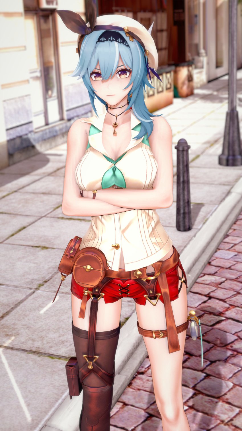 1girls 3d 3d_(artwork) arms_crossed arms_crossed_under_breasts atelier_ryza_2 belt belt_accessory blue_hair cosplay earring eula_(genshin_impact) female female_only genshin_impact hat key_necklace kksallyear koikatsu large_breasts light-skinned_female looking_at_viewer one_stocking red_shorts short_hair shorts standing tagme thigh_belt yellow_eyes yellow_shirt