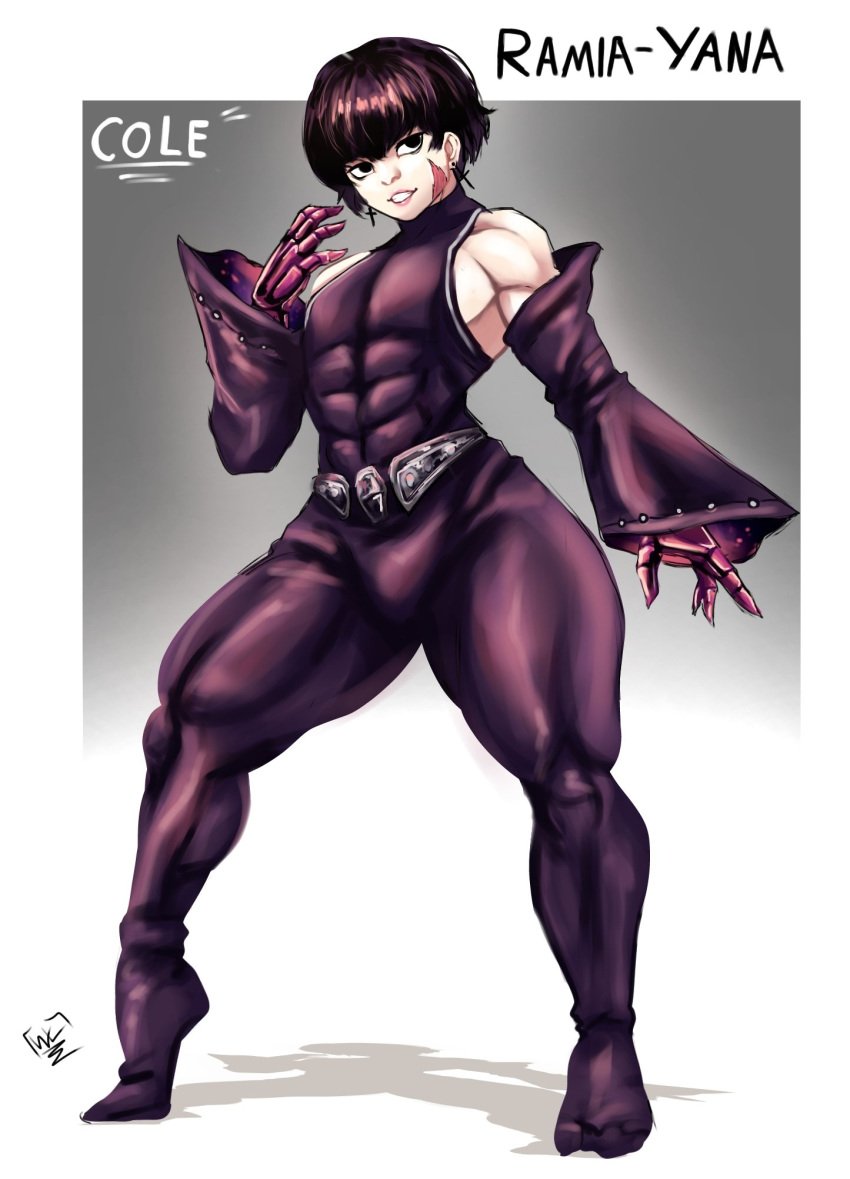 1boy abs abs_visible_through_clothing arm_sleeves black_eyes black_hair bodysuit cole_(ramia-yana) fanart femboy hi_res looking_at_viewer male male_only muscular muscular_femboy muscular_male muscular_thighs pink_lipstick ramia-yana scar scar_on_cheek smiling smiling_at_viewer solo text thick_thighs waly_xox