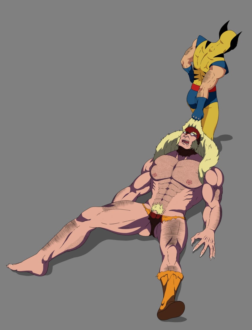 balls bara body_hair bulge costume facial_hair flaccid james_howlett lucianogiordanoart male male_only marvel marvel_comics muscles muscular penis ripped_clothing sabretooth victor_creed wolverine_(x-men) x-men