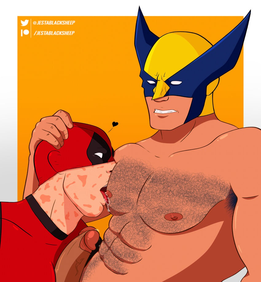 2boys bara chest_hair deadpool deadpool_&_wolverine_(2024) erection gay hairy jestablacksheep male male/male male_only marvel marvel_comics nipples pectorals penis sucking_male_nipple tongue_out topless_male wolverine_(x-men) x-men yaoi