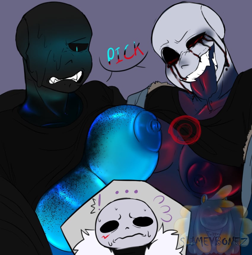 1boy 2girls annoyed annoyed_expression cross_sans cross_sans_(fan_character) dialogue ectobody ectobreasts hoodie_lift imminent_sex killer_sans killer_sans_(fan_character) large_breasts looking_down nightmare_sans nightmare_sans_(fan_character) pick_one pick_your_poison pressing_breasts_together sans sharp_teeth shirt_lift skeleton slimeybonez tongue tongue_out undertale undertale_au