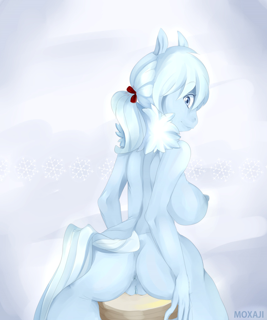 2015 anus areola ass blue_eyes blue_fur blue_hair breasts equine female fur hair horse looking_back mammal moxaji nipples nude ponytail pussy rear_view ribbons sideboob simple_background sitting snowflake solo tied_hair white_background