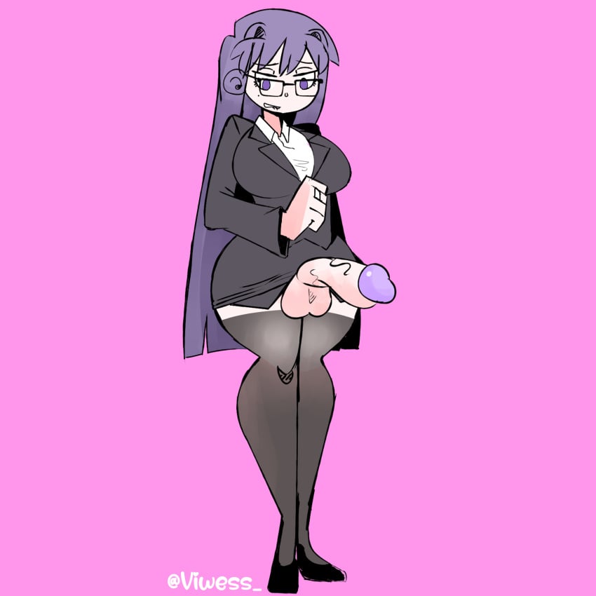 1futa balls big_breasts big_penis big_thighs clothed clothing curvy_figure doki_doki_literature_club erection futa_only futanari glasses huge_cock human light-skinned_futanari light_skin mostly_clothed office_clothing penis purple_eyes purple_hair purple_penis simple_background socks solo solo_futa standing thighhighs vi_wesker yuri_(doki_doki_literature_club)