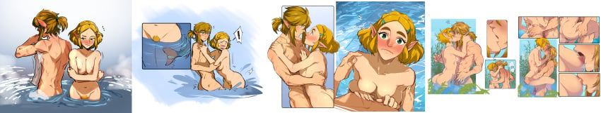 1boy 1boy1girl 1girls absurd_res areolae arm_around_neck arms_around_partner ass ass_grab bathing blonde_hair blue_background blue_eyes blush blushing_profusely braided_hair breast_sucking breasts breath_of_the_wild butt_crack close-up closed_eyes color comic completely_nude crossed_arms ear_blush earrings elf_ears embarrassed embrace exclamation_point female_pubic_hair fish flaccid french_kiss full-face_blush gradient_background green_eyes hair_ornament hairclip hand_on_another's_arm hand_on_another's_chest hand_on_another's_head hand_on_another's_shoulder hand_on_another's_thigh happy_trail higher_resolution_duplicate highres holding holding_partner imminent_kiss imminent_sex kissing kukumomo legs_around_partner lifting lifting_person lighting link link_(breath_of_the_wild) link_(tears_of_the_kingdom) long_hair looking_at_another looking_at_partner male_pubic_hair muscular muscular_male nipples outdoor_sex outdoors partially_submerged peeping penis pointy_ears pond ponytail princess_zelda pubic_hair public repost romantic saliva saliva_on_breasts scar scars_all_over short_hair shoulder_grab sideboob speech_bubble splashing standing straight surprised sweatdrop tears_of_the_kingdom the_legend_of_zelda thigh_grab tied_hair unseen_male_face washing white_background white_border wholesome zelda_(tears_of_the_kingdom)