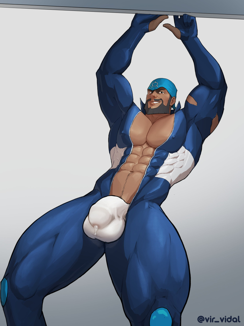 abs archie_(pokemon) balls_under_clothes bara beard biceps big_bulge bulge clothing covered_nipples dark-skinned_male flaccid male male_only manly muscular_male nintendo pecs penis_outline penis_under_clothes pokemon pokemon_(game) pokemon_rse precum precum_drip solo solo_male team_aqua tight_clothing underwear vir_vidal