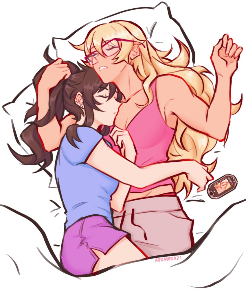 2girls aurawra21 black_hair blonde_hair class_of_'09 couple cuddling glasses jecka_(class_of_'09) jeckole lesbian_couple nicole_(class_of_'09) sleeping wholesome yuri