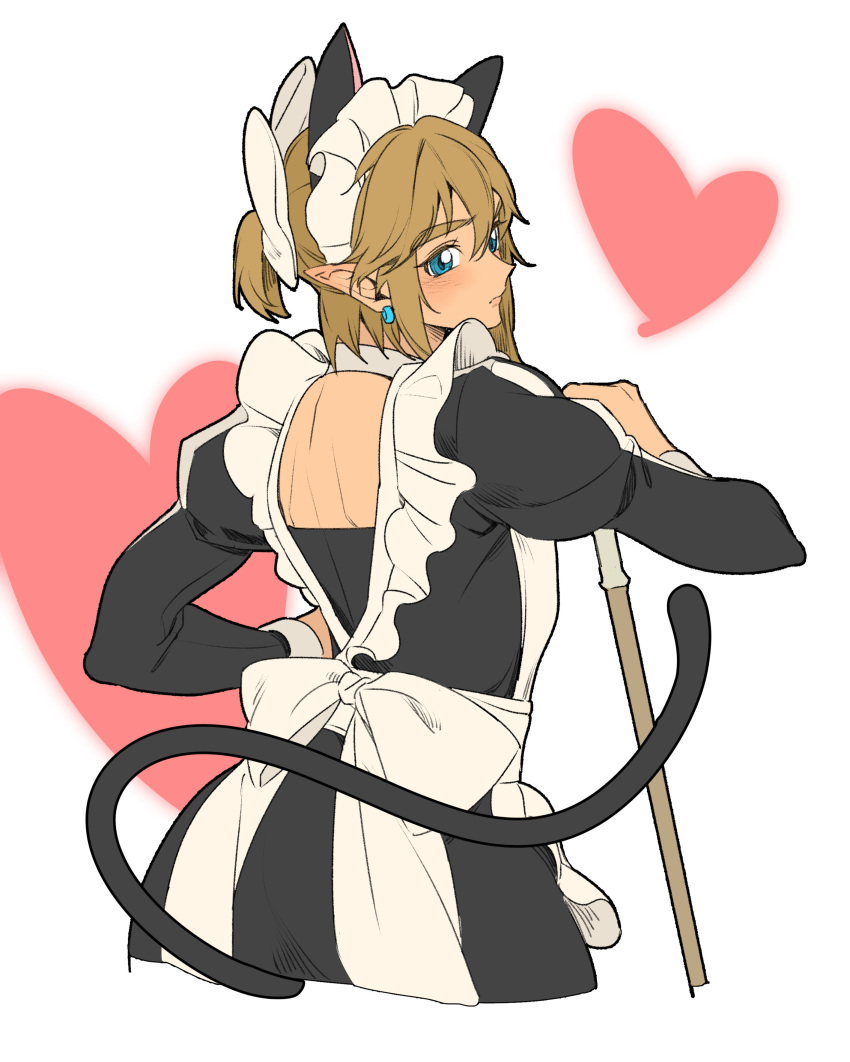 1boy bishonen blonde_hair blue_eyes blush breath_of_the_wild brush cat_ears cat_tail catboy crossdressing earrings femboy haoda1ke heart link link_(breath_of_the_wild) looking_back maid maid_headdress maid_outfit maid_uniform nintendo open_back ponytail solo solo_focus solo_male the_legend_of_zelda twink video_games