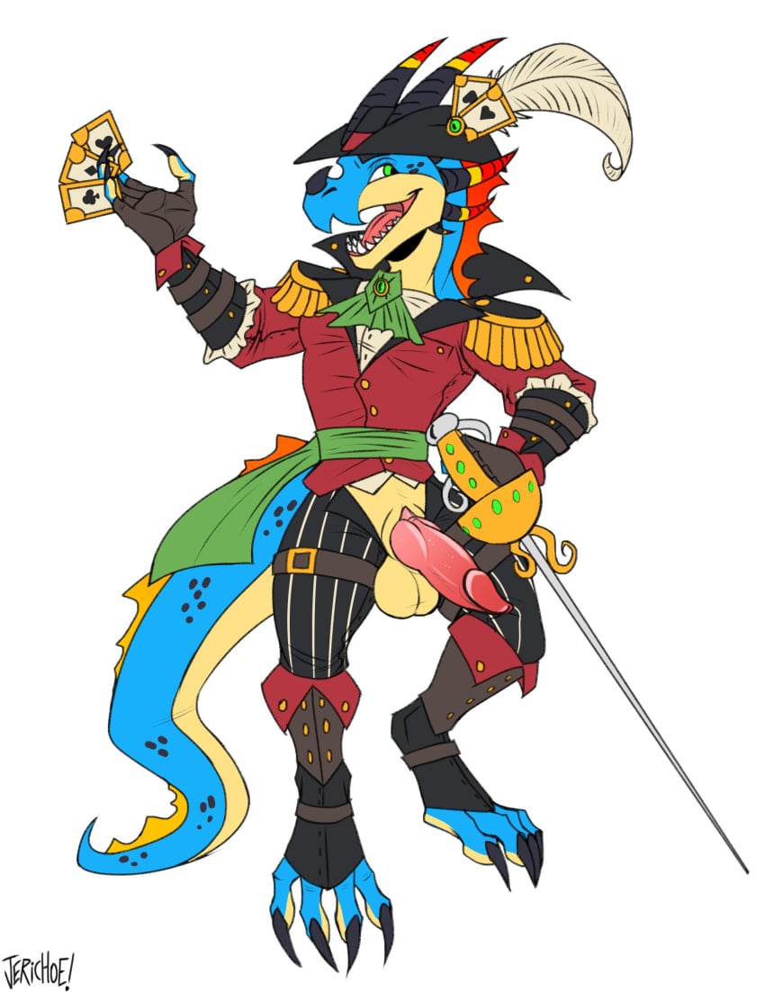 2023 2_horns 4_toes 5_fingers absurd_res anthro armor artist_name balls bard belt belt_buckle bent_arm black_bottomwear black_claws black_clothing black_eyebrows black_hat black_headwear black_horn black_pants blue_body blue_scales blue_tail boots bottomwear brown_belt brown_boots brown_clothing brown_footwear brown_gloves brown_handwear buckle button_(fastener) card cheek_spikes claws cloacal_penis clothed clothed_anthro clothed_male clothing digital_drawing_(artwork) digital_media_(artwork) dress_shirt epaulet erection eyebrows facial_horn facial_spikes fangs feather_hat feet fencing_foil finger_claws fingerless_gloves fingers flat_colors footwear gauntlets genitals gloves green_eyes green_sash handwear hat headgear headwear hi_res holding_cards holding_fencing_foil holding_melee_weapon holding_object holding_weapon horn jerichoe knot knotted_penis kobold long_tail male male_anthro melee_weapon nose_horn open_bottomwear open_clothing open_mouth open_pants open_smile pants pathfinder pattern_bottomwear pattern_clothing pattern_pants penis pink_penis pink_tongue red_clothing red_suit sash scales shirt shoes smile solo spikes spikes_(anatomy) standing striped_bottomwear striped_clothing striped_pants stripes suit swashbuckler tail teeth toe_claws toes tongue topwear weapon white_dress_shirt yellow_balls yellow_body yellow_scales yellow_tail