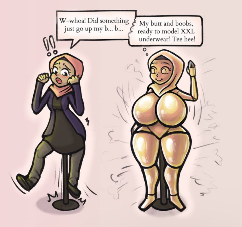 2022 anal_sex big_thighs brainwashed brainwashing breast_expansion breasts dialogue dumbing_of_age hijab inanimate_transformation large_breasts magicwritings mannequin mannequin_transformation petrification simple_background text text_box thought_bubble