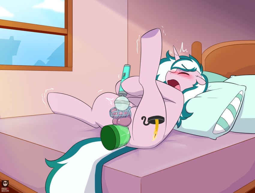 anal anal_sex balls bed blush chastity_cage chastity_device closed_eyes cutie_mark dildo dildo_in_ass dildo_insertion equid equine feral furniture genitals green_hair green_tail hair hasbro hi_res hitachi_magic_wand horn lying male mammal multicolored_hair my_little_pony mythological_creature mythological_equine mythology object_in_ass on_back on_bed penetration penis pillow pink_body redxbacon sex_toy sex_toy_in_ass sex_toy_insertion solo tail two_tone_hair two_tone_tail unicorn vibrator wand_vibrator white_hair white_tail window