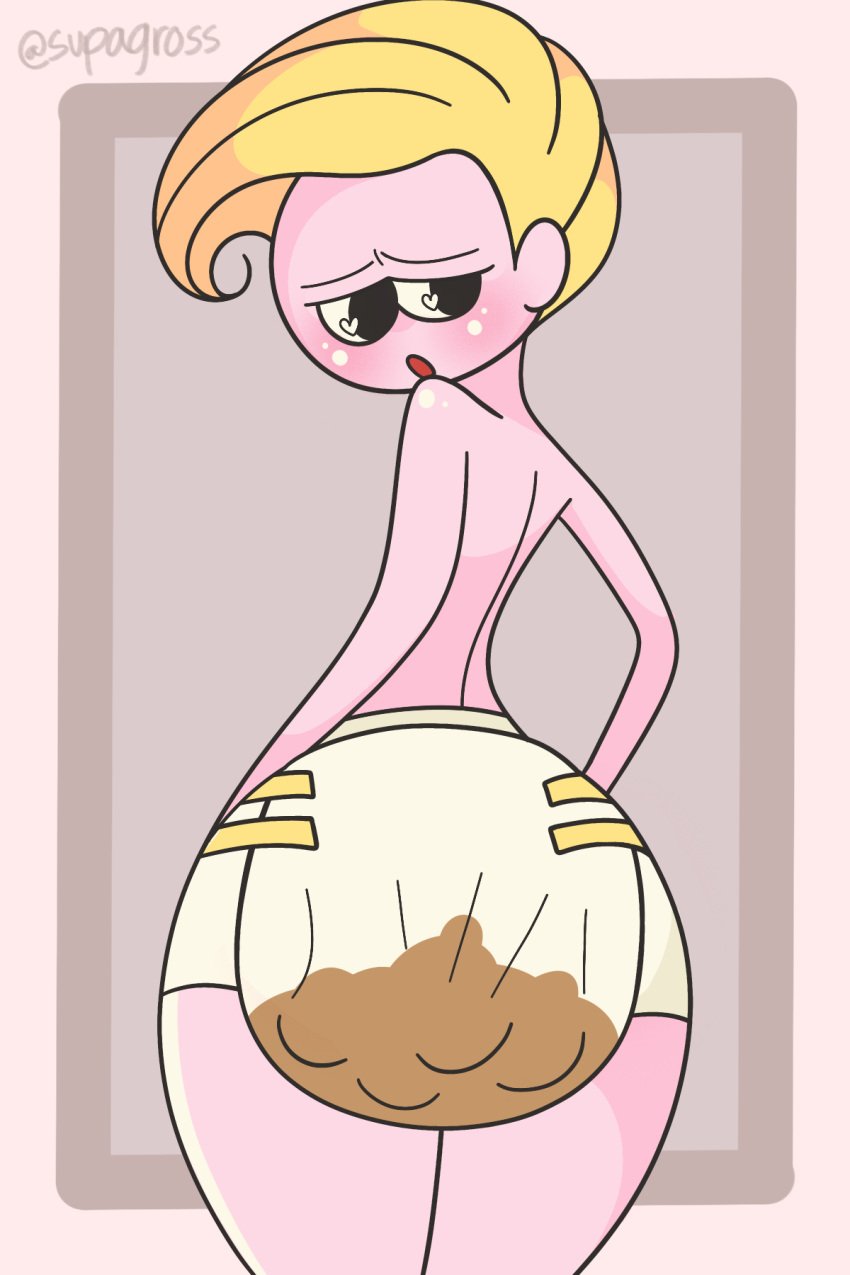 abdl ambiguous_gender anus asshole blonde_hair blush bubble_butt diaper diaper_fetish femboy femboy_focus femboy_only looking_back messing messy messy_diaper original_character pink_skin scat soiling soiling_diaper supagross