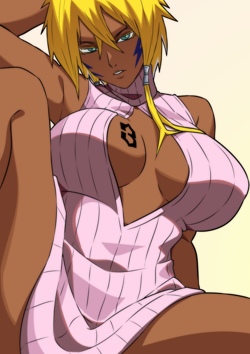 1girls 2024 arm_support arm_up big_breasts bleach blonde_hair boob_window breast_tattoo breasts cleavage clothed clothed_female dark-skinned_female dark_skin etzel facial_markings female female_focus female_only green_eyes hand_behind_head hi_res inner_sideboob legs_apart looking_at_viewer mature mature_female no_bra paid_reward_available pink_clothing short_hair sideboob solo solo_female solo_focus spread_legs thick_thighs thighs tia_harribel