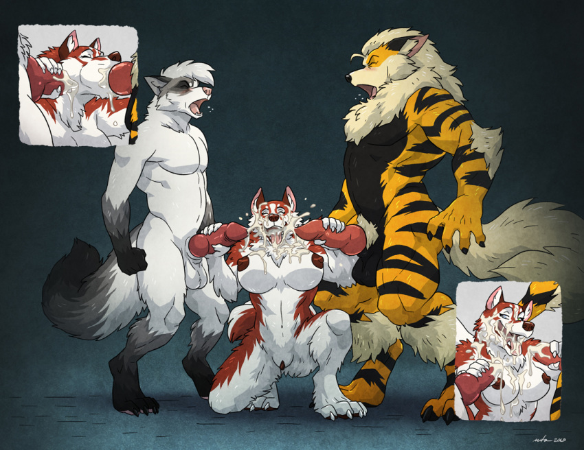 2015 anthro arcanine athletic balls bella_(gasaraki2007) biceps big_breasts black_fur black_nose blue_eyes breasts canine chest_tuft claws close-up closed_eyes cum cum_in_mouth cum_inside cum_on_chest cum_on_face cum_on_penis cumshot dog double_handjob dripping ecstasy erection fangs fellatio female fist fluffy_tail fox fur grasp grey_fur group group_sex hair hand_on_penis handjob interspecies jace_(character) knot leaking looking_at_viewer male mammal messy muscular muscular_male neck_tuft nintendo nipples nude open_mouth oral orange_fur orgasm orgasm_face panting pecs penis pink_nose pointy_ears pokemon pokemon_(species) pokephilia pubic_hair pussy red_fur red_nipples saliva sex smile standing straight stripes threesome toe_claws tongue tongue_out tuft wfa white_fur