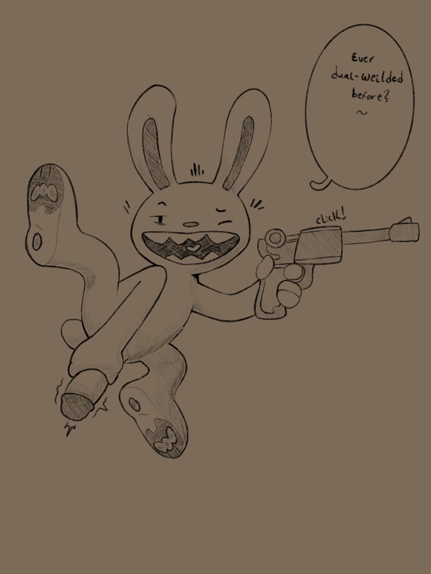 3:4 anthro balls english_text genitals grin gun hi_res lagomorph leporid line_art male mammal masturbation max_(sam_and_max) one_eye_closed penis rabbit ranged_weapon sam_and_max short_stack smile solo text uglyoni weapon wink