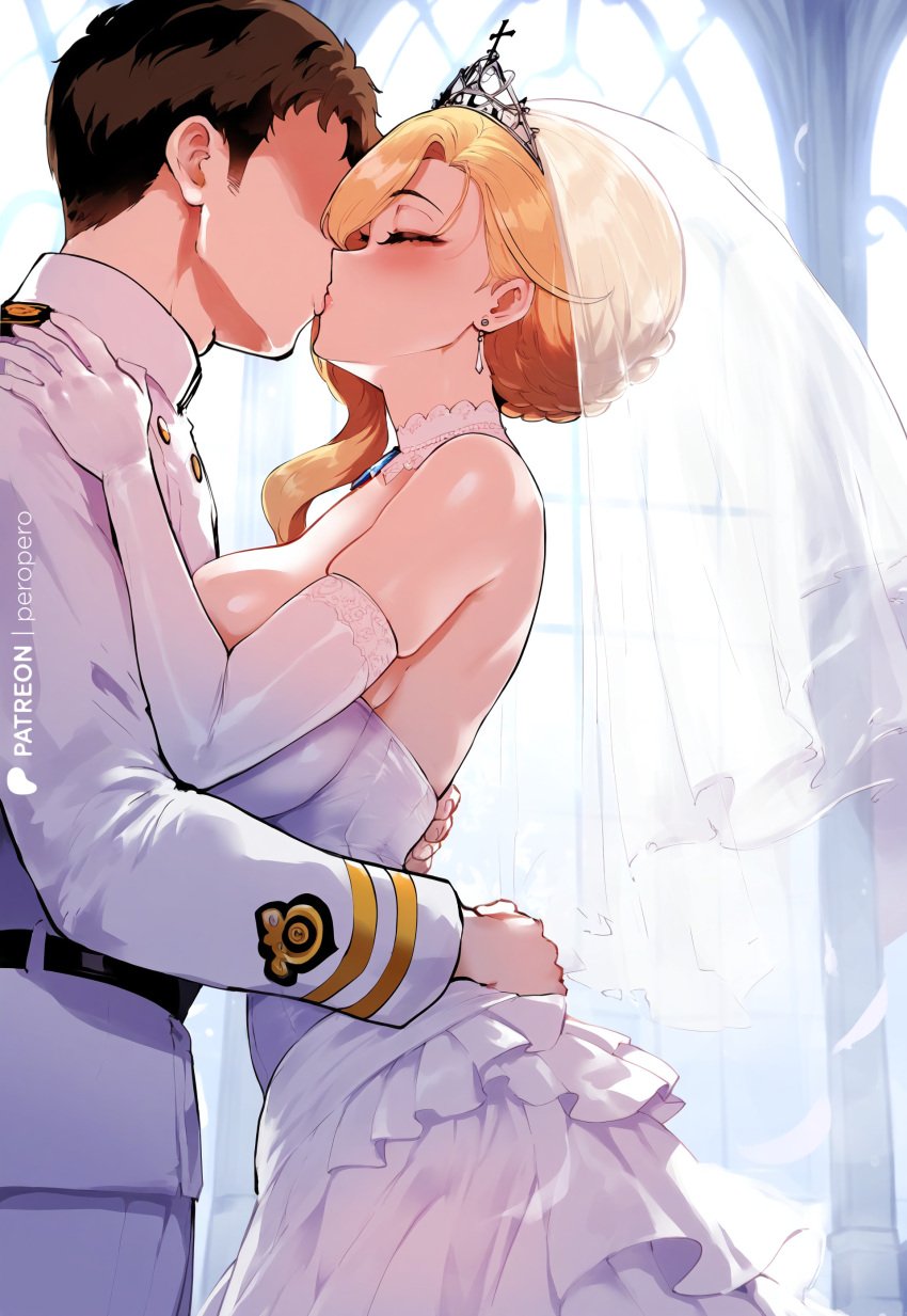 1girls ai_generated azur_lane big_breasts blonde_hair blue_eyes bride church closed_eyes dress hand_on_hip hi_res hood_(azur_lane) huge_ass huge_breasts kissing large_breasts light-skinned_female light-skinned_male light_skin looking_at_viewer mature_female milf military_uniform pale-skinned_female pale_skin peropero side_ponytail tiara uniform wedding_dress wedding_ring wedding_veil