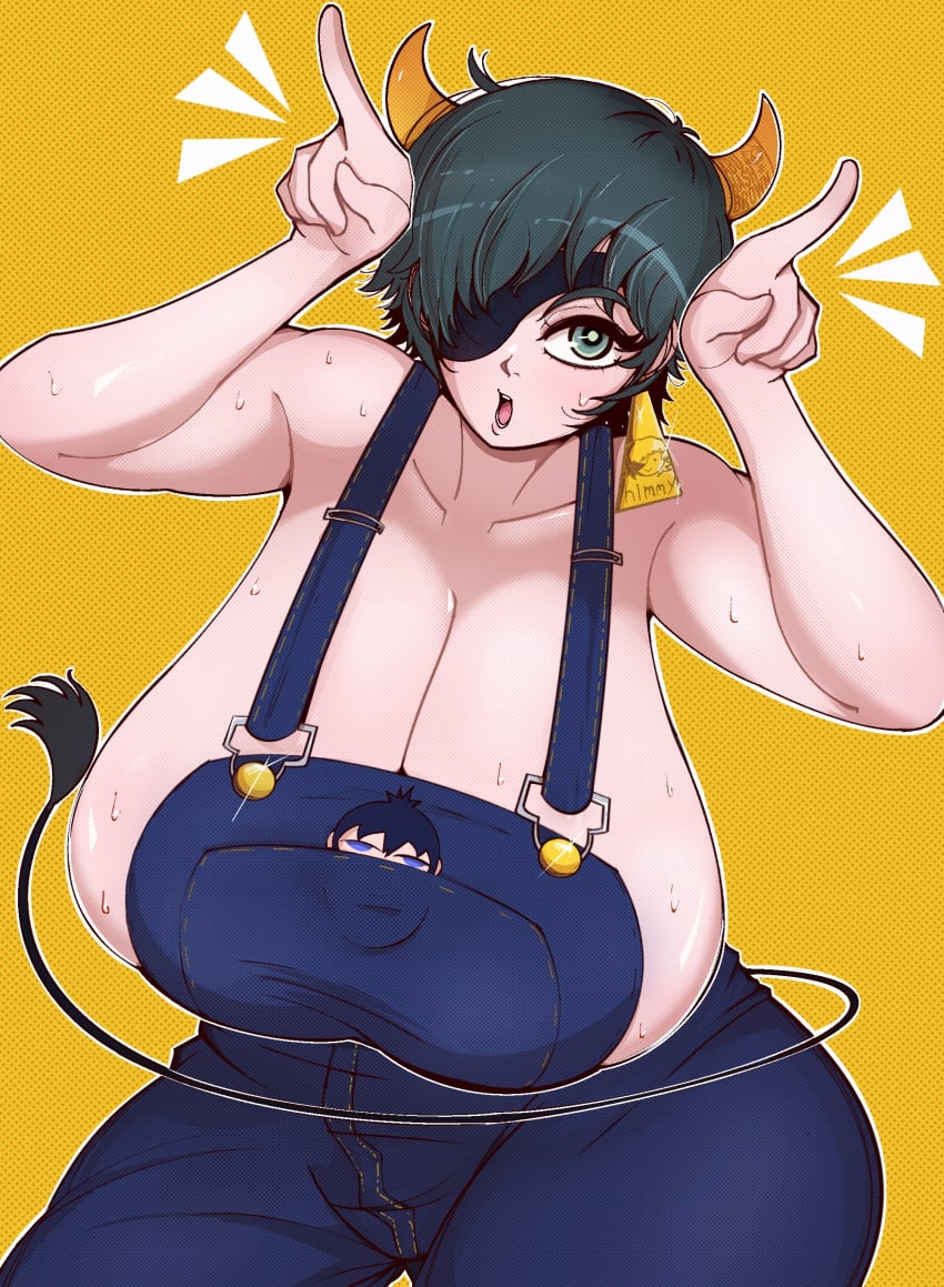 abuhashbrown bare_shoulders big_breasts bob_cut breasts_bigger_than_head chainsaw_man collarbone cow_girl cow_horns cow_tail cowgirl ear_piercing ear_tag eye_patch finger_horns himeno_(chainsaw_man) horns huge_breasts overalls overalls_only sagging_breasts short_hair sweat sweaty_breasts topless