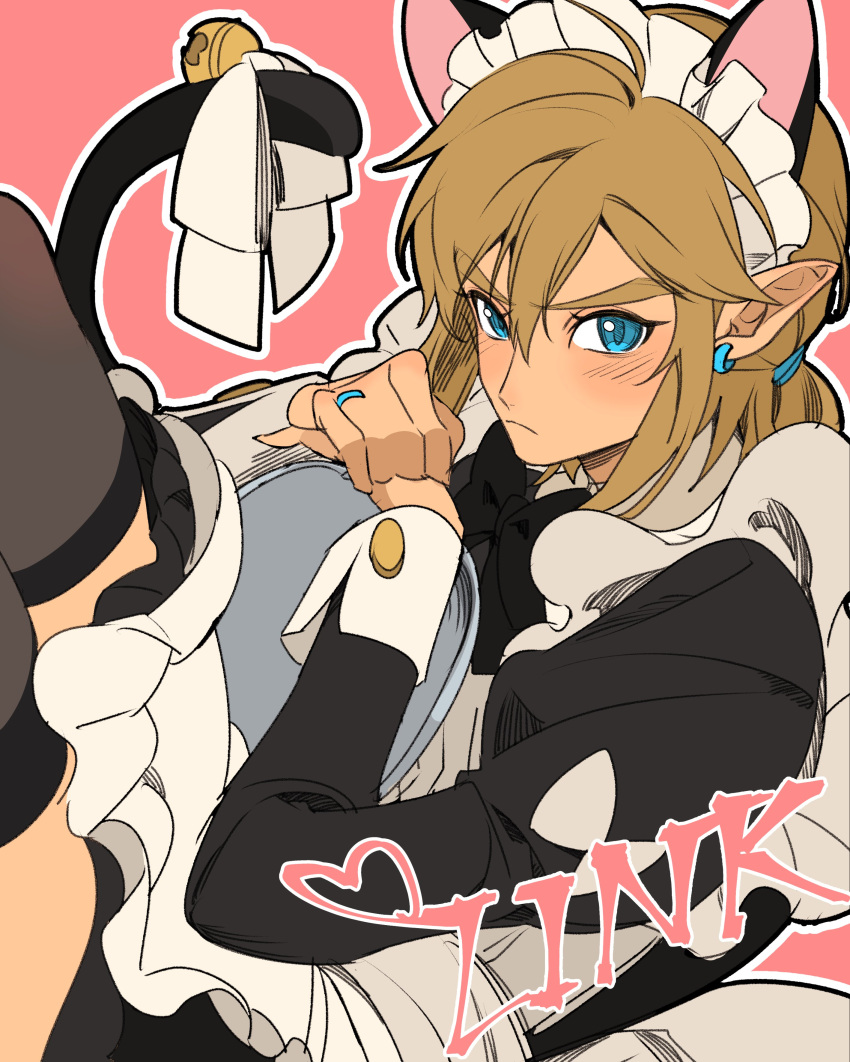 1boy blonde_hair blue_eyes breath_of_the_wild brush cat_ears cat_tail catboy crossdressing earrings femboy haoda1ke link link_(breath_of_the_wild) looking_at_viewer maid maid_headdress maid_outfit maid_uniform nintendo solo solo_focus solo_male stockings the_legend_of_zelda twink