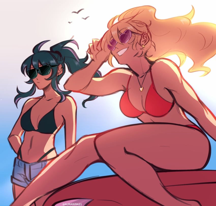 2girls adjusting_eyewear aurawra21 bikini bikinis black_hair blonde_hair class_of_'09 jecka_(class_of_'09) nicole_(class_of_'09) ponytail sunglasses tinted_eyewear