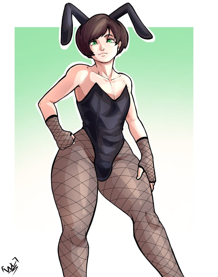 1boy 2024 brown_hair bulge bunny_ears bunnysuit femboy feminine_male fishnet_gloves fishnet_pantyhose fishnets girly green_eyes hi_res looking_at_viewer male male_only pantyhose smiling smiling_at_viewer solo thick_thighs waly_xox