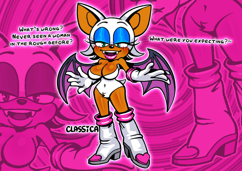 big_breasts blush boots classica_p dialogue elbow_gloves eyeshadow fangs featureless_breasts fur_pattern furry lipstick rouge_the_bat sega sonic_(series) white_fur wings