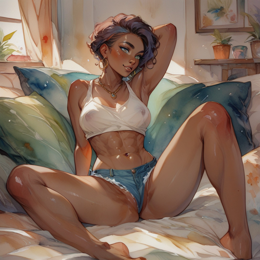 1girls ai_generated bed bedroom budenhoso cameltoe dark-skinned_female dark_skin female female_focus female_only nipple_bulge short_hair spread_legs stable_diffusion