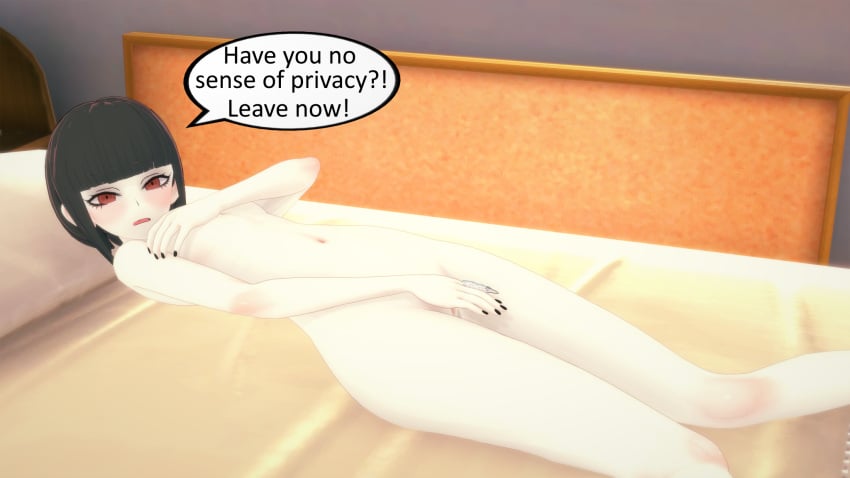 1girls 3d bed breasts celestia_ludenberg covering danganronpa embarrassed english_text female female_only human koikatsu nude pussy solo tagme text ultimateenf