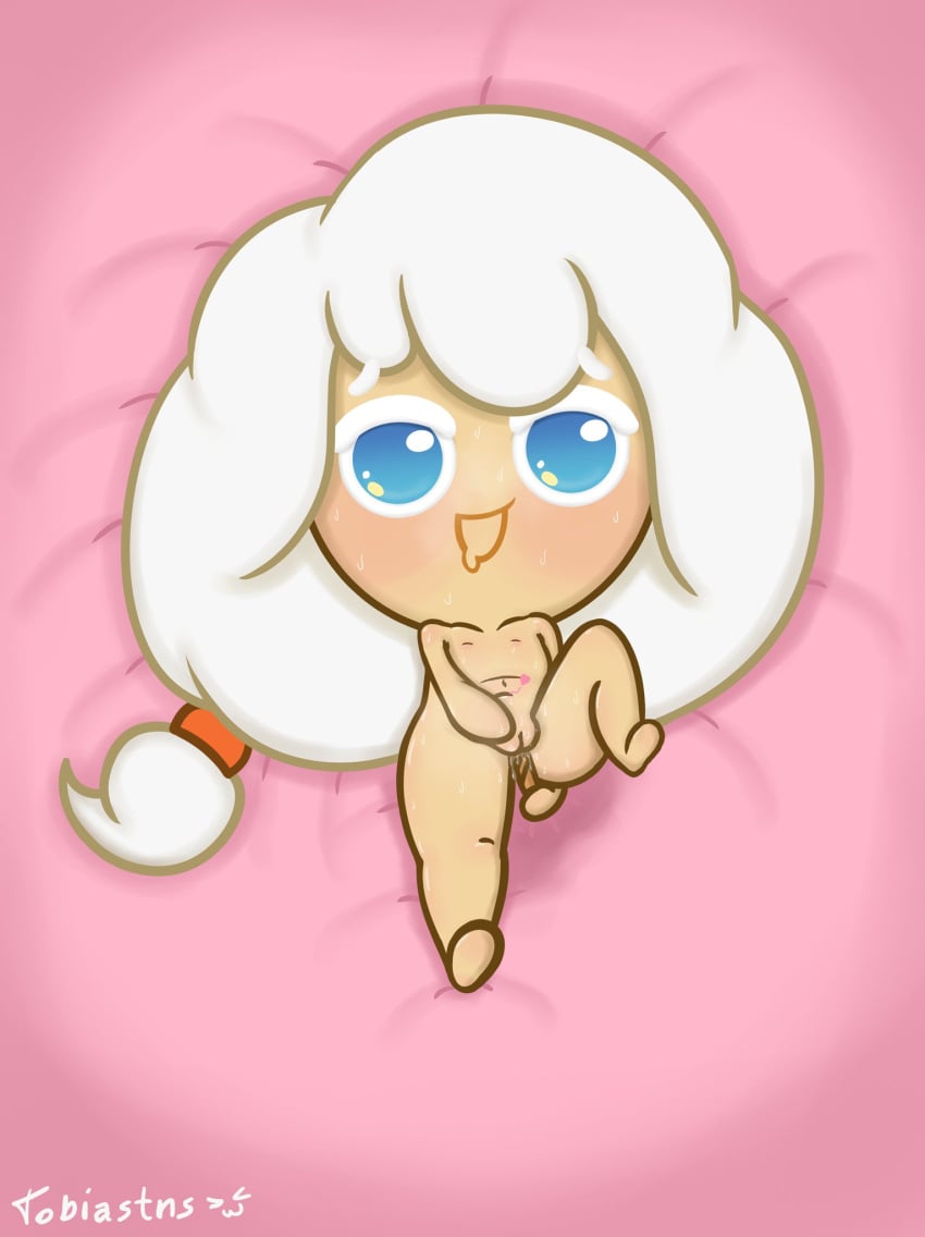 blue_eyes cookie_run cookie_run_kingdom cookie_run_ovenbreak cream_puff_cookie food_creature fully_nude laying_down laying_on_bed leg_up solo solo_focus tagme tobiastns_(artist) white_hair young younger_female