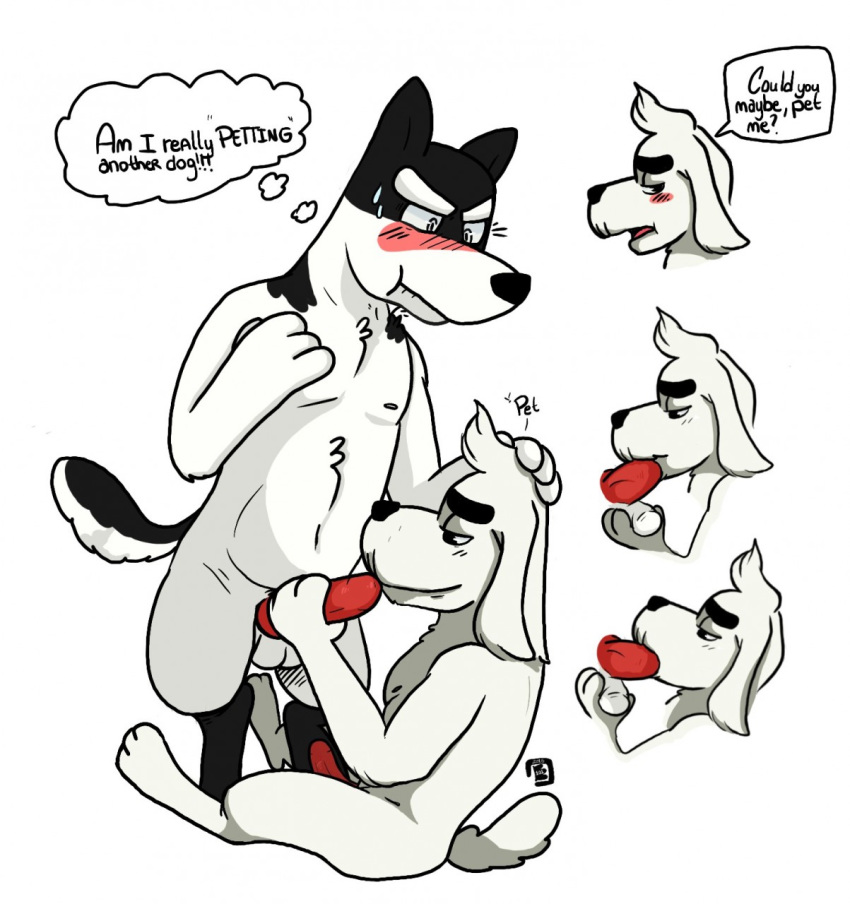 2boys animal_genitalia anthro balls blush bowserboy101 canine dogamy doggo_(undertale) duo fellatio gay male male_only mammal oral penis sex undertale video_games yaoi