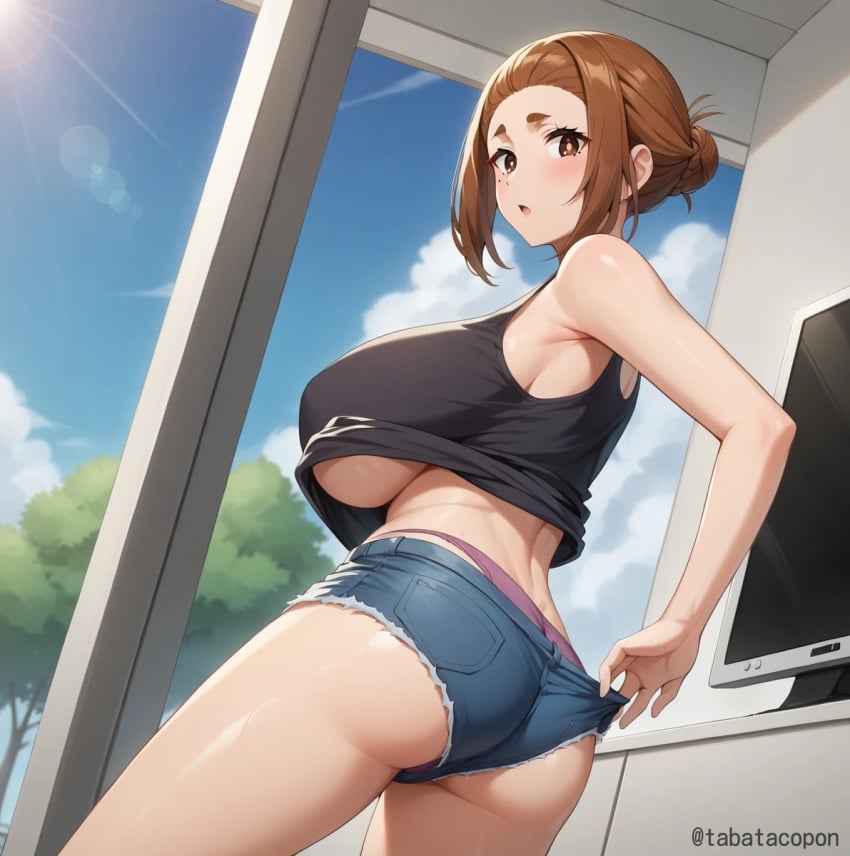 ai_generated back_view backboob bare_legs big_ass big_butt brown_eyes brunette_hair dat_ass fat_ass gigantic_breasts hair_bun huge_breasts huge_thighs jean_shorts kaii_to_otome_to_kamikakushi light-skinned_female light_skin looking_back massive_breasts mature_female milf panties_aside short_shorts solo_female squatting sumireko_ogawa sweat sweatdrop tabatacopon tank_top thick_body thick_female thick_thighs thighs voluptuous voluptuous_female