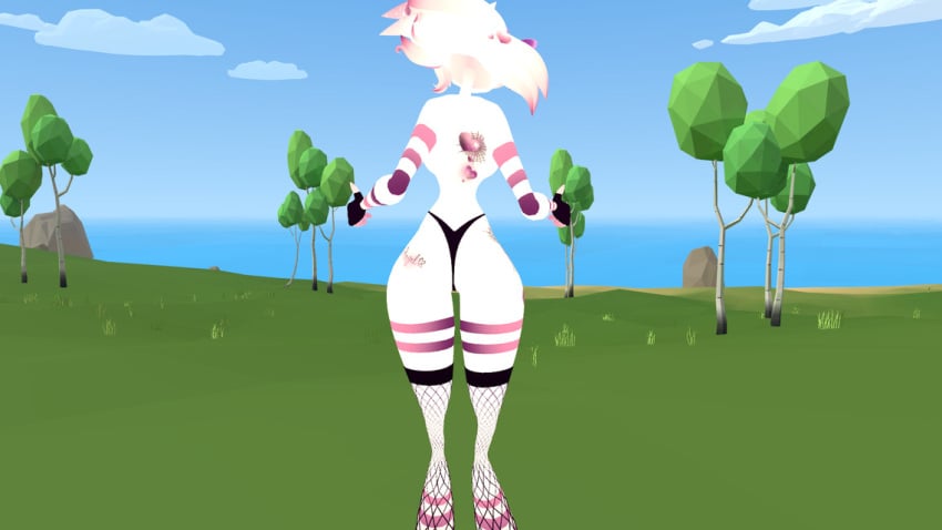 angel_dust_(hazbin_hotel) anthro bow fingerless_gloves fishnet_legwear fishnets fuckmeat_vr panties presenting_hindquarters solo_male spider thong tongue_out vrchat white_fur