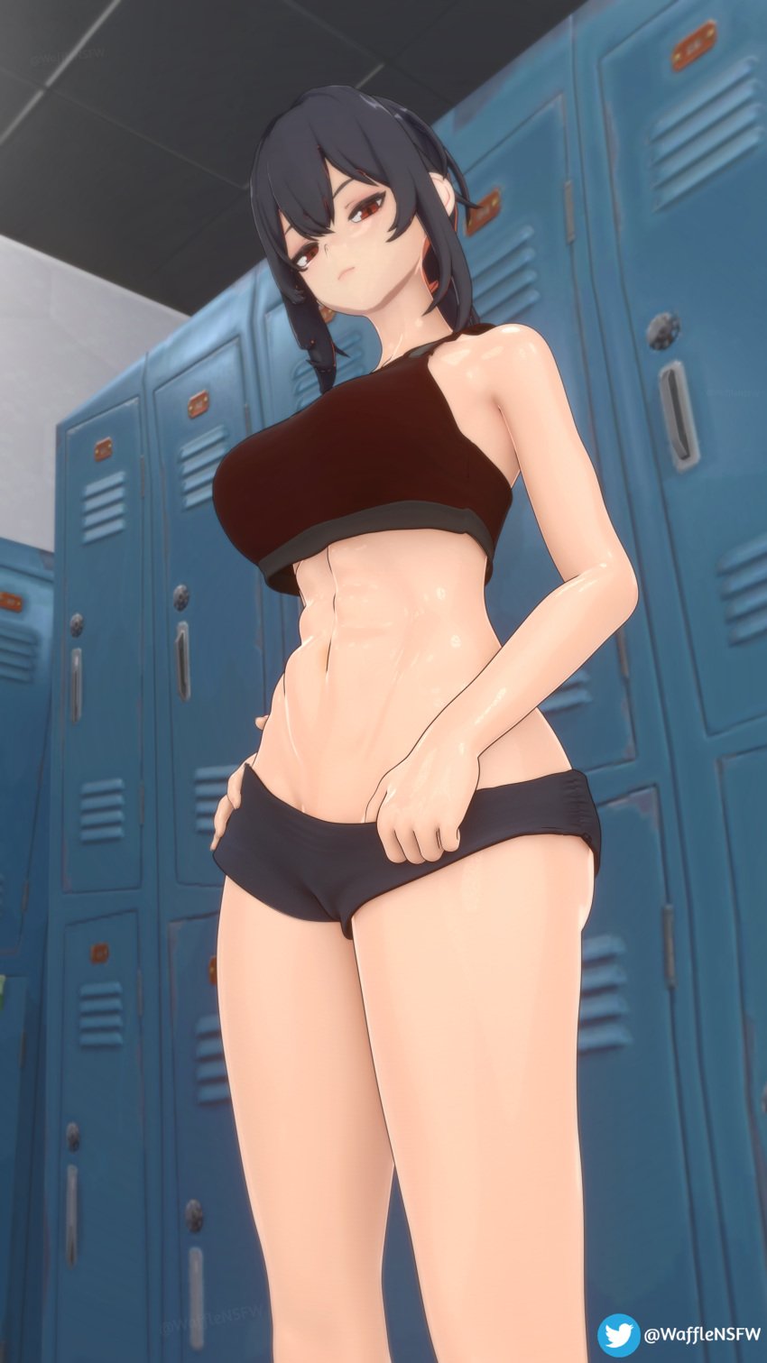 3d abs big_breasts big_thighs blender busty clothed clothing female female_only grace_howard gym hoyoverse locker_room looking_at_viewer looking_back_at_viewer looking_down mihoyo mihoyo_technology_(shanghai)_co._ltd. sweat sweaty thick_thighs thighs wafflensfw wet zenless_zone_zero