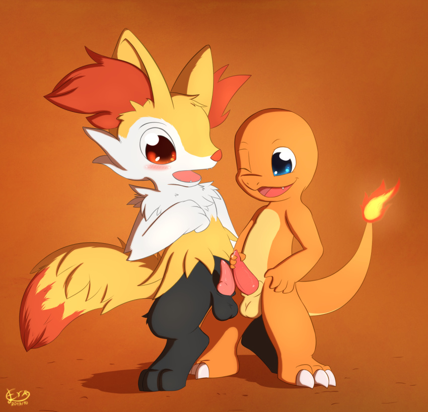 2015 balls better_version_at_source blush braixen canine charmander eraquis fire fox frottage fur male mammal nintendo one_eye_closed penis pokémon_(species) pokemon pokemon_(species) sex video_games yaoi