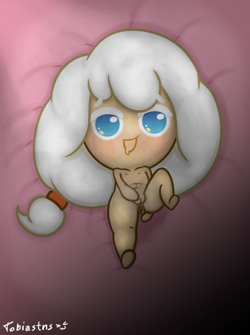 blue_eyes cookie_run cookie_run_kingdom cookie_run_ovenbreak cream_puff_cookie food_creature fully_nude laying_down laying_on_bed leg_up solo solo_focus tagme tobiastns_(artist) white_hair young younger_female