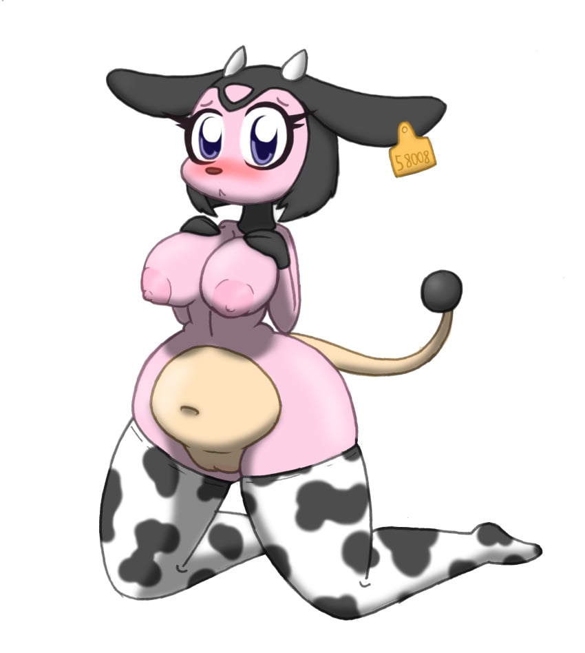 anthro big_breasts bit-small bovine breasts cattle chubby clothing cow_print ear_tag female hair hand_on_chest kneeling legwear mammal miltank nintendo nipples nude overweight pokémon_(species) pokemon pussy short_hair simple_background socks solo stockings tag video_games wide_hips