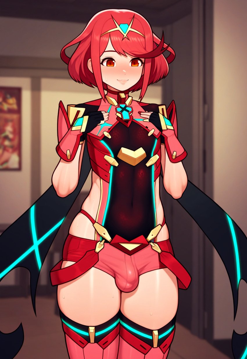 1boy ai_generated bulge core_crystal_(xenoblade) cowboy_shot femboy flat_chest genderswap_(ftm) indoors lips nsfw otoko_no_ko puffy_chest pyra pyra_(xenoblade) red_shorts robofun rule_63 shiny_skin sissy skin_tight thighhighs trap xenoblade_chronicles_2