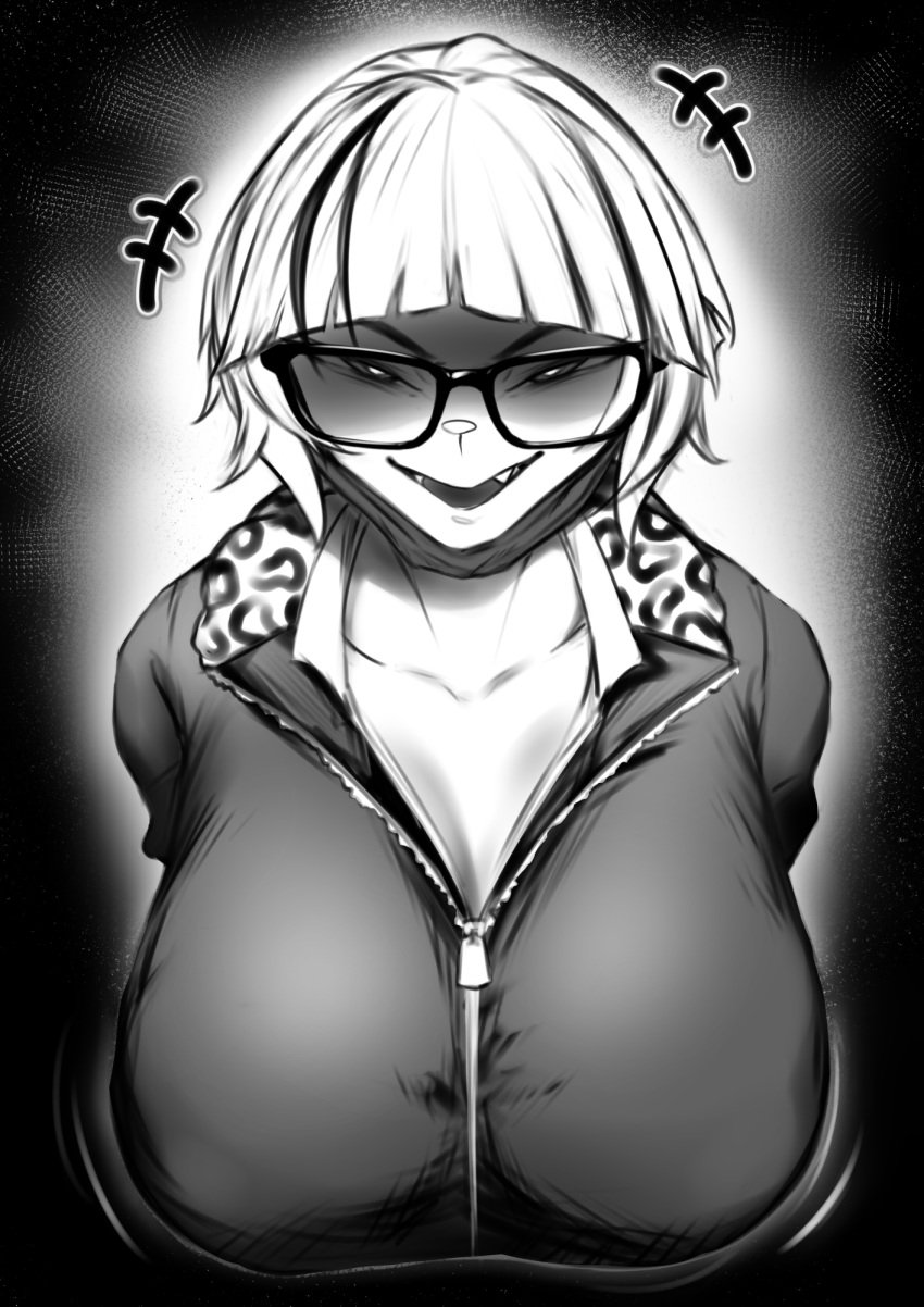 animal_print blunt_bangs breasts cleavage fangs female glasses highres huge_breasts jacket kiddycorky large_breasts leopard_print looking_at_viewer mask mouth_mask multicolored_hair open_mouth original partially_unzipped shirt short_hair smile solo sunglasses upper_body zipper